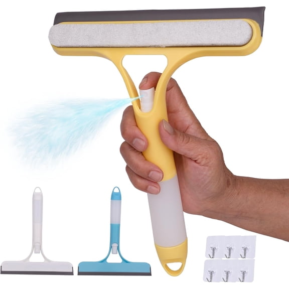 3 Pcs Squeegee for Shower Glass, 3 in 1 Window Scrubber, Spray, Sponge Wipe, Silicone Squeegee, for Car Window, Mirror, Tile Walls, with 6 Wall Hooks, Easy to Clean Kit, Yellow, Blue, White