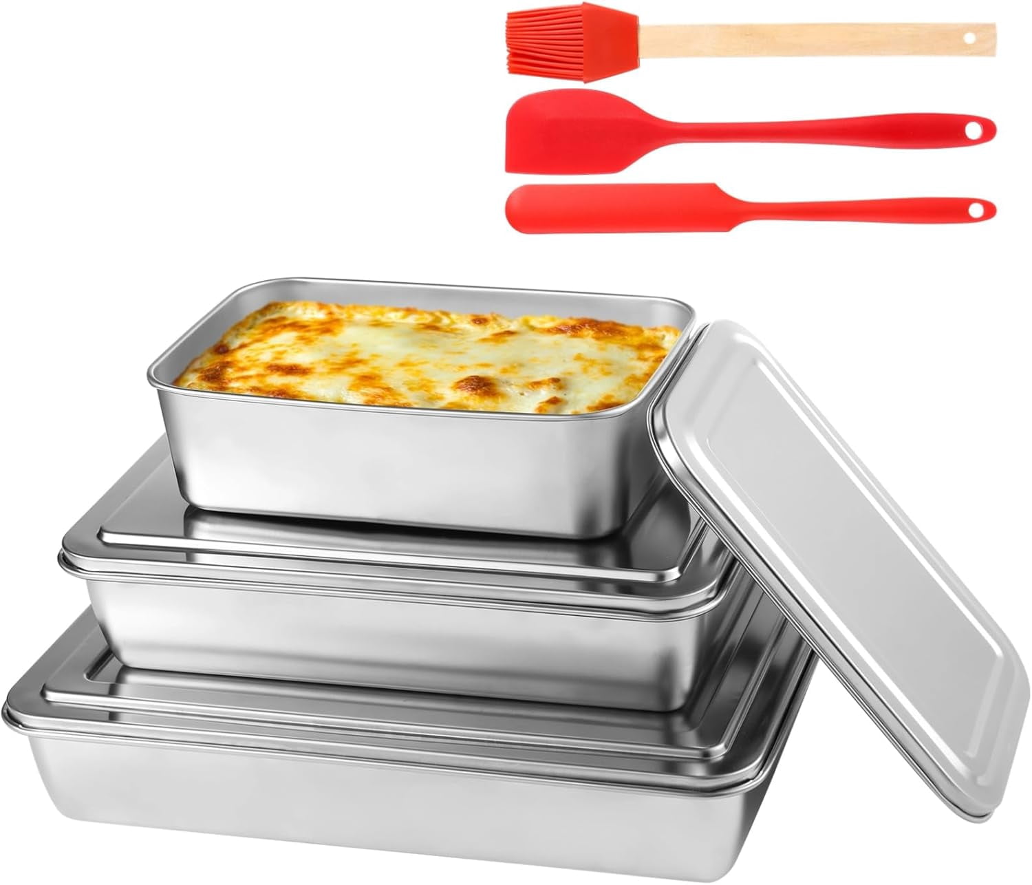 3 Pcs Stainless Steel Cake Pan with Lid, 13/11/9 Inch Cake Pans Sets ...