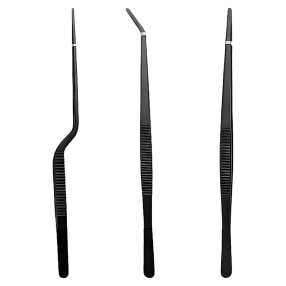 3 Pcs Stainless Steel Food Tweezers Set, 9.8 in / 25 cm Kitchen Chef Tweezers for BBQ, Black Cooking Tweezers with Straight, Curved, Gun Clip Design for Steak, Grilling, Frying, Serving