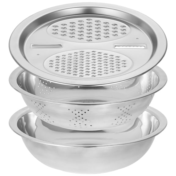 3 Pcs Stainless Steel Grater Bowl Set, Large 30 cm/11.8 in Mixing Basin with Colander and Versatile Grater Lid, Kitchen Food Prep Essential, Induction Cooktop Friendly
