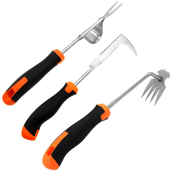 3 Pcs Stainless Steel Hand Weeder Set, Manual Garden Weeding Tools with Rubber Grip, Crevice Up-Rooter, 4-Prong Rake and V-Slot Remover for Lawn, Driveway, Patio
