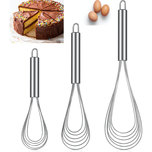 3 Pcs Stainless Steel Kitchen Flat Whisk Set 8 Inch, 10 Inch and 11.6 Inch Stainless Steel Flat Wire Egg Utensils Whisk Wires Egg Mixing Whisk for Cooking Blending Whisking Beating Stirring