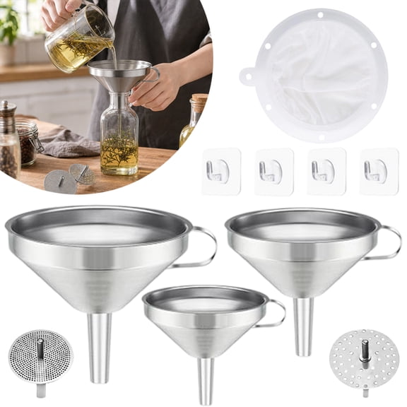3 Pcs Stainless Steel Kitchen Funnel Set with Metal and Nylon Strainers, Funnels for Kitchen Use