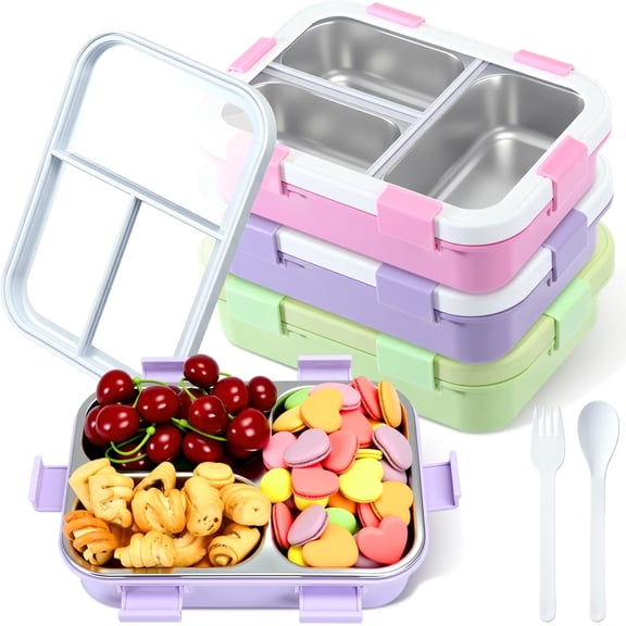 3 Pcs Stainless Steel Lunch Box Bento Box with Spoon and Fork Tiffin Boxes Metal Lunch Container for Adults Bulk Leakproof Food Storage with 3 Compartments for Office Travel Outdoor (Pastel