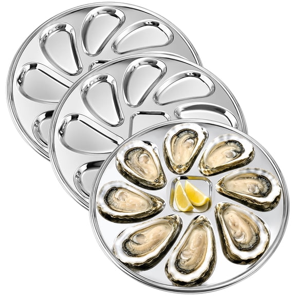 3 Pcs Stainless Steel Oyster Plate 9.1" Grill Pan with 8 Oyster Slots & Center Sauce Slot, Multi-Functional Serving Platter for Grilling, Steaming, BBQ, Seafood