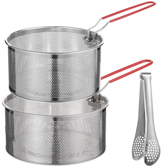 3-Piece Stainless Steel Strainer & Fry Basket Set, 7" & 6.2" with Removable Handles & Food Clip,for Draining, Frying,Steaming,Pasta & Vegetables