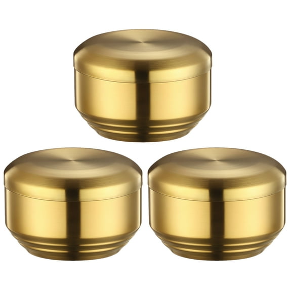 3 Pcs Stainless Steel Rice Bowl Set with Lids, 304 Stainless Steel Bowls, Korean Style Double-Layer Insulated Design, Gold, for Kitchen and Dining