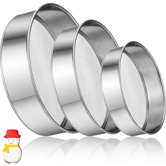 3 Pcs Stainless Steel Round Flour Sifter Sieve Fine Mesh for Bake Decorate Cakes, Pies, Pastries, Cupcakes (6 Inch and 8 Inch 60 Mesh,7 Inch 40 Mesh)