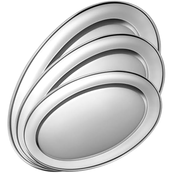 3 Pcs Stainless Steel Serving Tray Large Oval Platter Set, 11.8" 13.8" 15.7" Heavy Duty Metal Oval Serving Platter Mirror Polish Sizzle Plate for Fish Dessert Meat Sushi Birthday Wedding