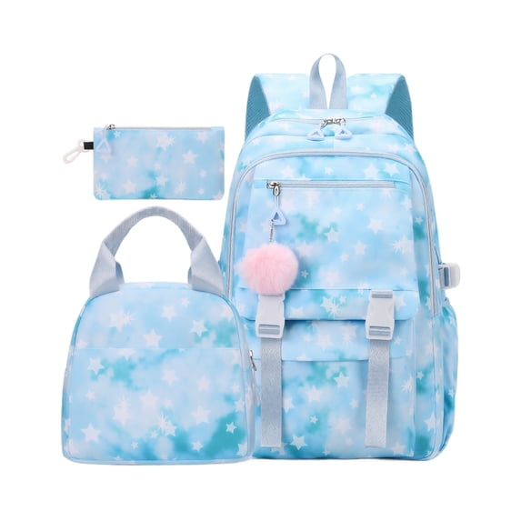 3 Pcs Star Prints Backpack Set, Large‑Capacity Back To School Bag, Multi‑Pocket Anti‑Theft Bookbag For Girls Campus & Casual Travel (Blue)
