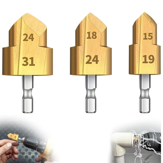 3 Pcs Step Drill Bit Set for PPR Expansion Repair, HSS Titanium Hole Drill Bit Water Pipe with 1/4 Inch Hex Shank, Universal Size 1/2" 3/4" 1'' Hole Opening Tapered Drill Bits