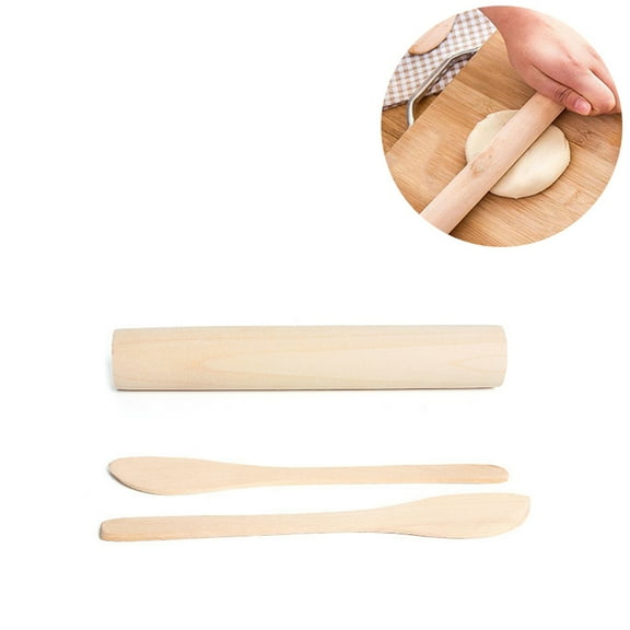 Dumpling Skin Maker Set of 3 Pieces Natural Lotus Wood Rolling Pin for Making Dumplings Beige