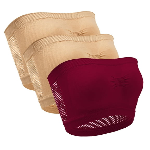 3 Pcs Strapless Wireless Bras for Women Plus Size Bandeau Hollow Back Tube Top Bralette Comfort Full Coverage Push Up Bra, Wine