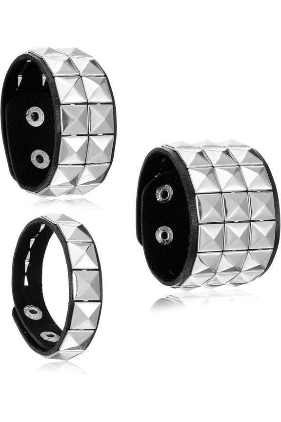 3 Pcs Studded Bracelet, Halloween Leather Punk Bracelet Spiked Studded Bracelets Gothic Bracelets Adjustable Cuff Braceletss Set for Rocker Outfits 80s 90s Costume Accessories