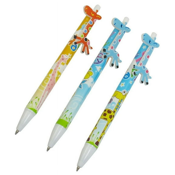 3 Pcs Students Blue Yellow Plastic Giraffe Ornament Ball Point Pen