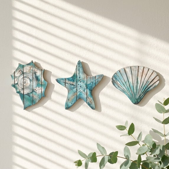3 Pcs Summer Coastal Wall Decor Bathroom Beach Blue Wall Art Sea Seahorse Starfish Seashell,Nautical Theme Home Living Room Bedroom Outdoor Decorations,Ideal Housewarming Gift(Ocean Style)