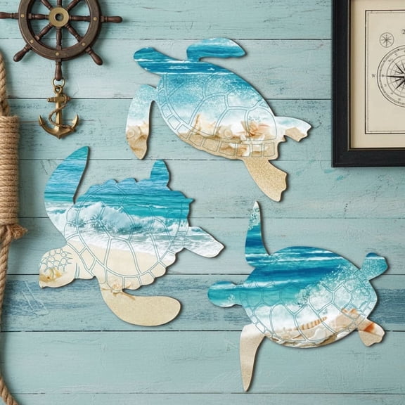 3 Pcs Summer Coastal Wall Decor Bathroom Beach Blue Wall Art Sea Turtle Surfboard Seahorse Starfish Seashell Conches Crabs Sea Life Decor for Bedroom Home (Fresh Turtle Style)