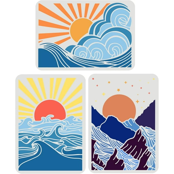 3 Pcs Sun Sea Wave Mountain Stencil 11.7x8.3 inch A4 Size Moon and Starry Sky Stencil Reusable Large Vinyl Stencil