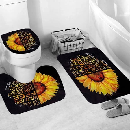 3 Pcs Sunflower Inspirational Quotes Bathroom Rug Sets, Non Slip Bath Mat, Contour Mat and Toilet Lid Cover, Bathroom Mats Shower Mats Bath Rug Mat for Tub Shower and Bathroom
