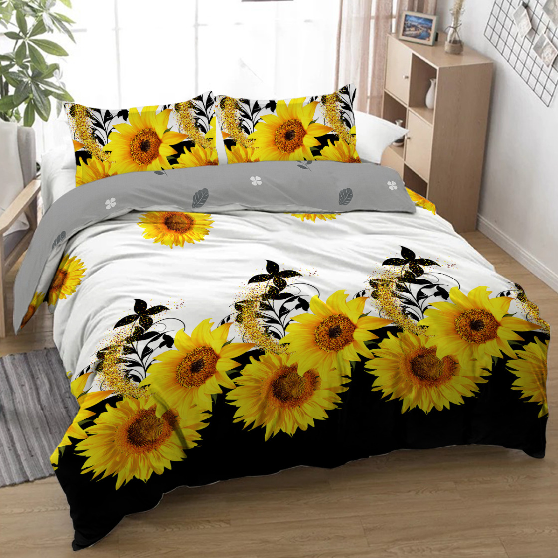3 Pcs Sunflower pattern Duvet Cover Set, Reversible Duvet Cover Queen, Chic Bedding Set Comforter Cover Soft Breathable for All Seasons (Yellow, Queen)