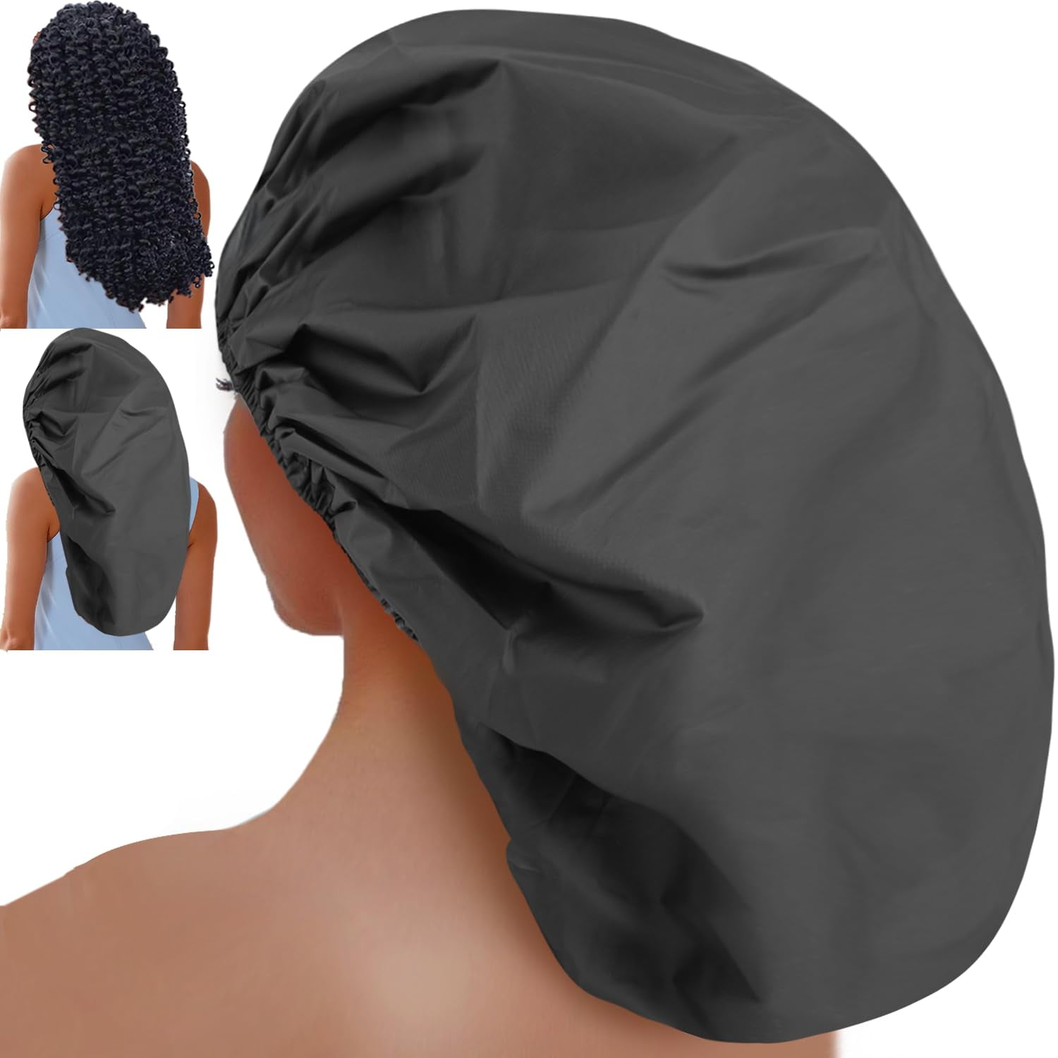 Sheomern 3 Pcs Super Jumbo Adjustable Satin Lined Shower Caps for Long Hair & Braids, Extra Large Cap Women Men, Reusable XL with Waterproof Edge Dreadlocks, Locs (Black)