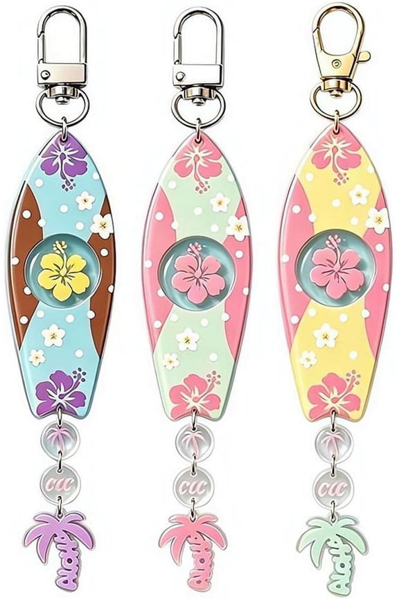 3 Pcs Surfboard Keychain,Acrylic Tropical Hibiscus Flower Palm Tree Key Ring,Surfing Backpack Bag Keychains for Beach Lovers