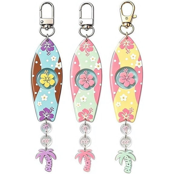 3 Pcs Surfboard Keychain,Acrylic Tropical Hibiscus Flower Palm Tree Key Ring,Surfing Backpack Bag Keychains for Beach Lovers