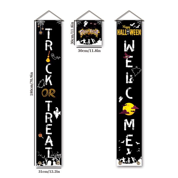 3 Pcs TRICK OR TREAT WELCOME Banner Door Hanging Banner Flag Hanging Decorations Couplet Sign Set for Party Supplies Front Door Decor DIY