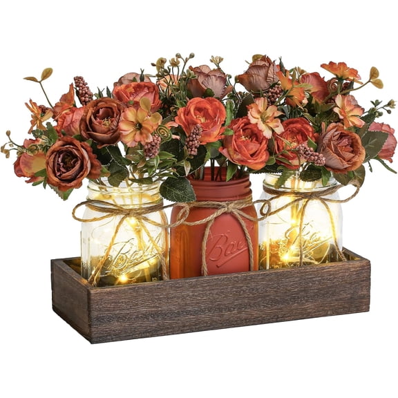 3 Pcs Table Decorations for Dining Table Decor Farmhouse Coffee Table Decor with Wood Tray and Led Light Table Centerpieces for Dining room Kitchen Living Bathroom,Orange
