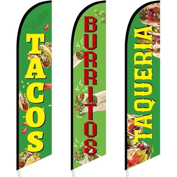 3 Pcs Tacos Burritos Feather Flag 12 Feet Taqueria Mexican Restaurants Advertising Feather Banner Sign Tacos Advertising Flags for Outside Business Markets Mexican Food$$Other