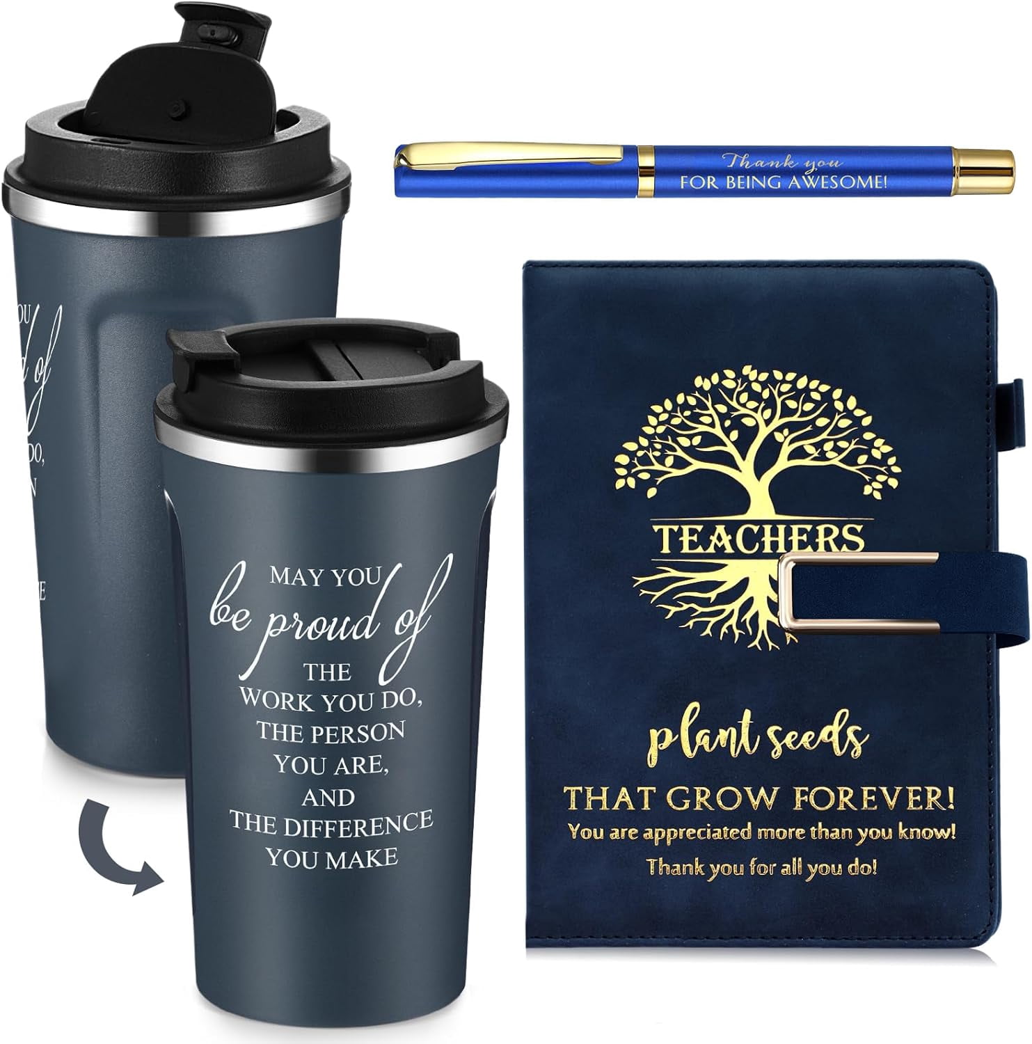 3 Pcs Teacher Appreciation Gifts End of Year Teacher Gift Set with 17 oz Coffee Tumbler A5 Leather Journal Pen Thank You Birthday Gift for Mem Women Teachers Educator (Blue)