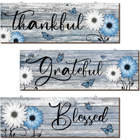 3 Pcs Thankful Grateful Blessed Wooden Signs Rustic Daisy Wood Wall Decor Inspirational Wall Art Signs Rustic Wooden Hanging Decorations for Bedroom Kitchen Living Room Bathroom Home (Blue)