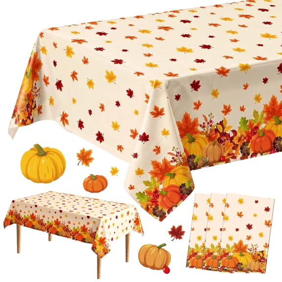 3 Pcs Thanksgiving Tablecloth, Plastic Disposable Fall Table Cloth, Autumn Pumpkin Maple Leaves Friendsgiving Table Cover for Harvest Festival Fall Thanksgiving Party Decorations, 54 x 108 Inch