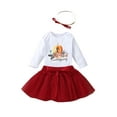 thumbnail image 1 of 3 Pcs Toddler Thanksgiving Day Outfits, Letter  Pumpkin Print Long Sleeve Playsuit + Tulle Skirt with Bow + Headband, 1 of 7