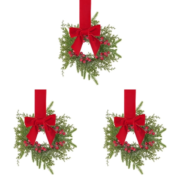 3 Pcs Traditional Red Velvet Mini Christmas Wreaths with Norfolk Pine for Cabinet Window Wall Seasonal Decor 10.6 Inch