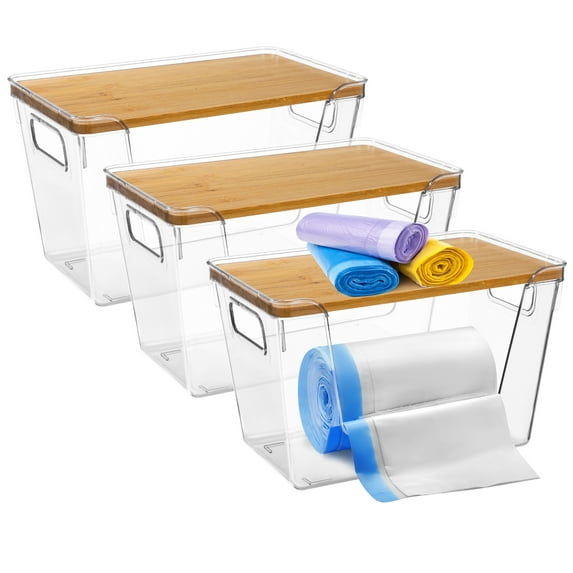 Bottlepic 3 Pcs Clear trash bag holders with wood lids, stackable storage containers for kitchen, 11.4 in x 7.1 in x 7.1 in