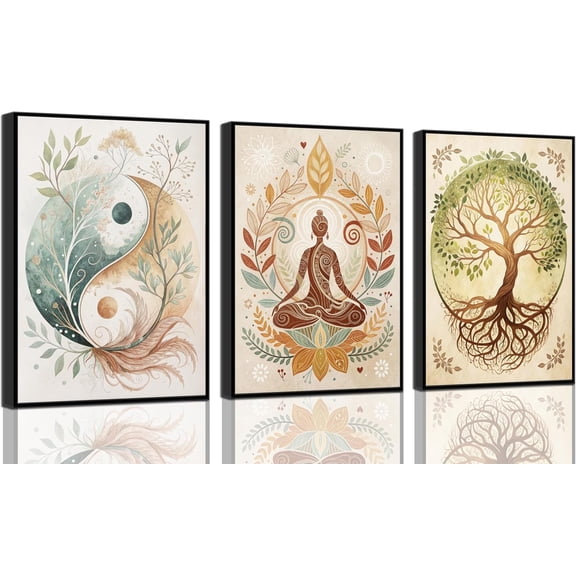 3 Pcs Tree of Life Canvas Wall Art Lotus Zen Painting Pictures Wall Decor Yin Yang Taichi Spiritual Prints Posters for Living Room Yoga Room Hotel Bedroom Home Decor 16x24in Framed