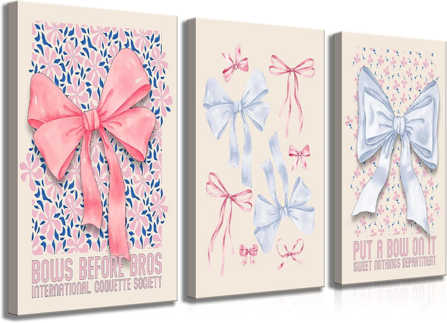 3 Pcs Trendy Bow Canvas Wall Art Fashion Coquette Preppy Pink and Blue ...
