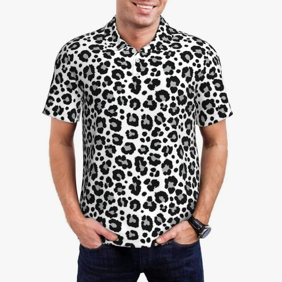 Polo Shirts for Men, black grey Leopard print fashion Breathable Casual Mens Polo Shirts Short Sleeve Button Down Classic Mens Golf Polo Shirts