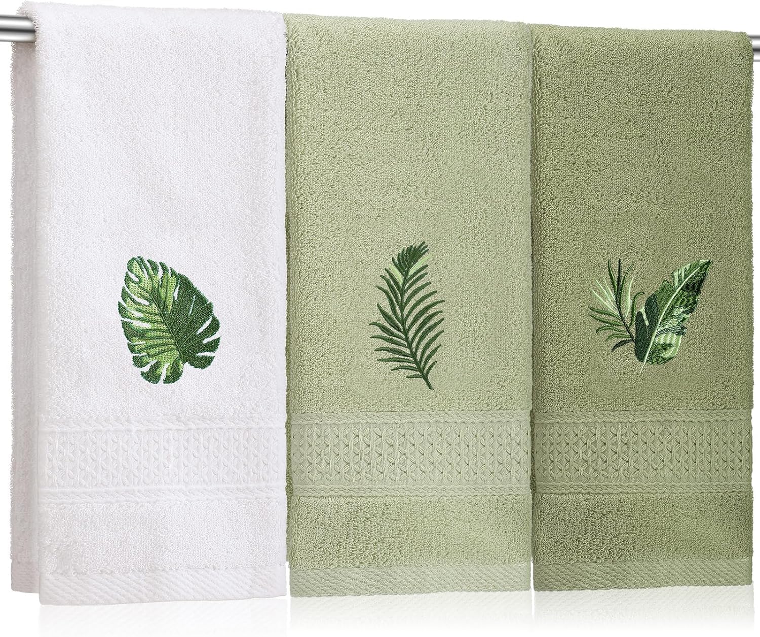 3 Pcs Tropical Palm Leaves Hand Towels for Bathroom Decor Summer a Embroidered Absorbent Soft Cotton 13.78 x 29.53 Inch Farmhouse Green Decorative Kitchen Home
