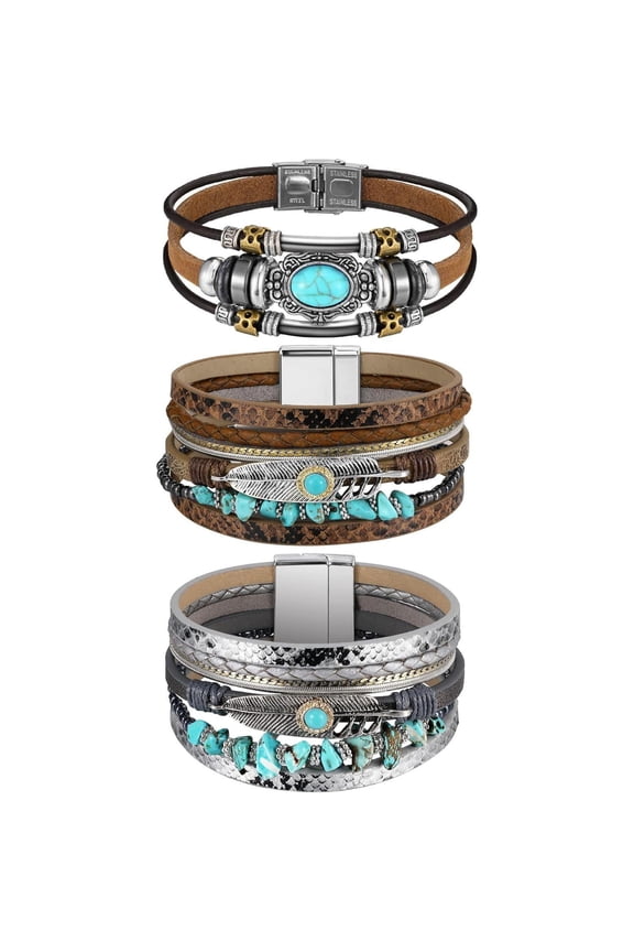 3 Pcs Turquoise Bracelet for Women Leather Bracelet Western Jewelry for Women Silver Bohemian Turquoise Cuff Bangle