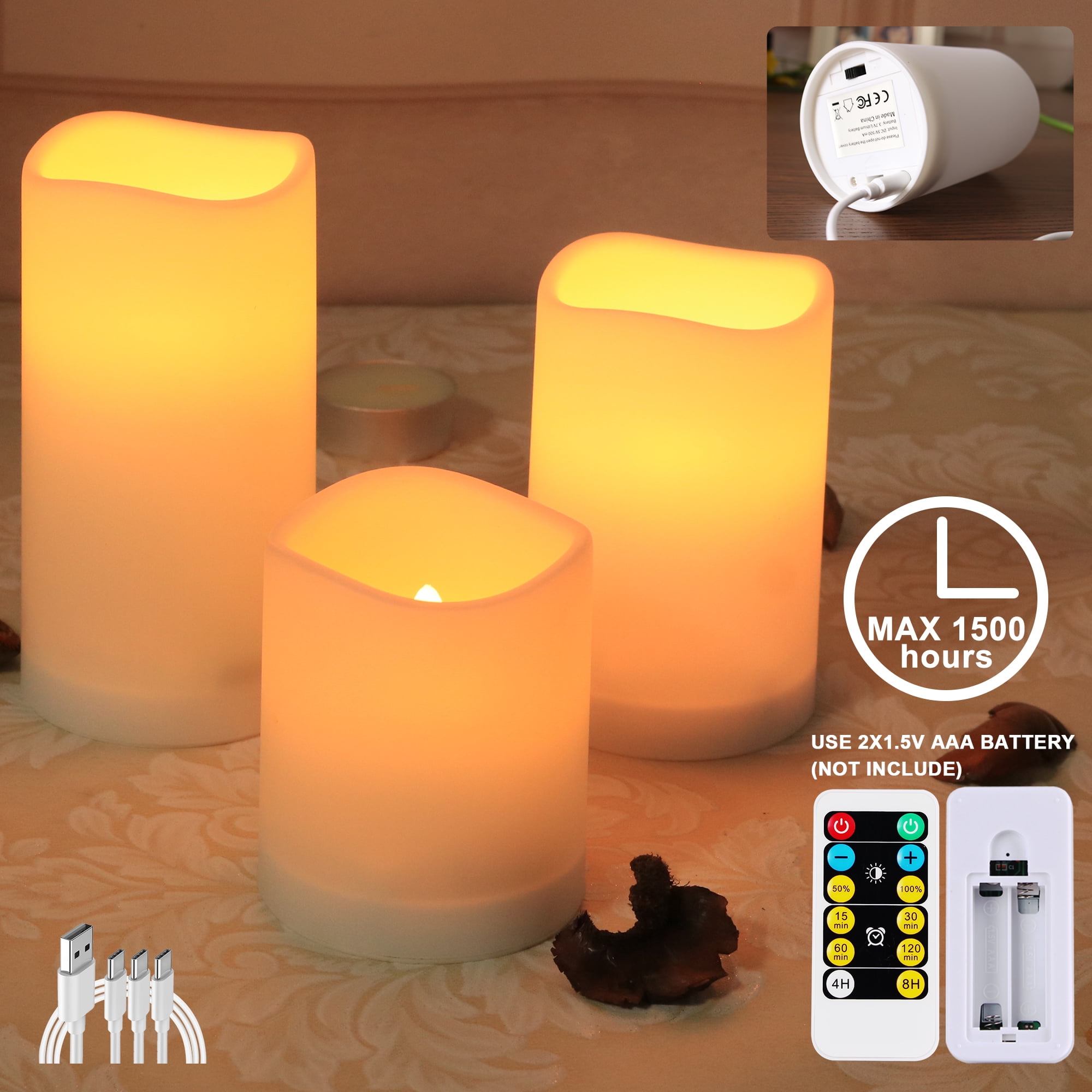 3 Pcs USB Type-C Flame-less LED Pillar Candles Rechargeable Yellow ...