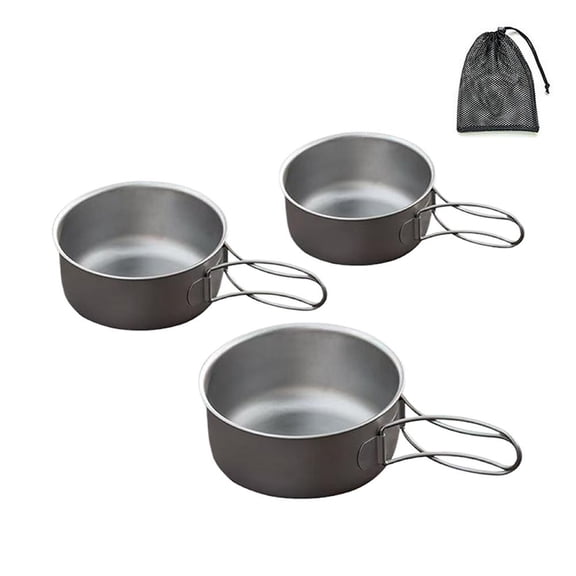 3 Pcs Ultralight Titanium Camping Cookware Sets, Portable Titanium Bowl Pot Cup With Foldable Handle for Rice, Soup, Cooking, Backpacking/camping/outdoor Hiking Picnic Tableware