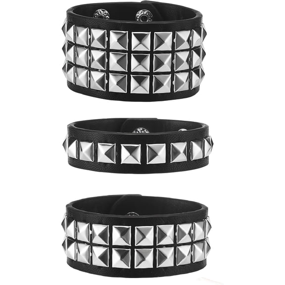 3 Pcs Unisex Metal Studded Wristband - Rock Gothic Biker Cuff Bracelet For Men & Women
