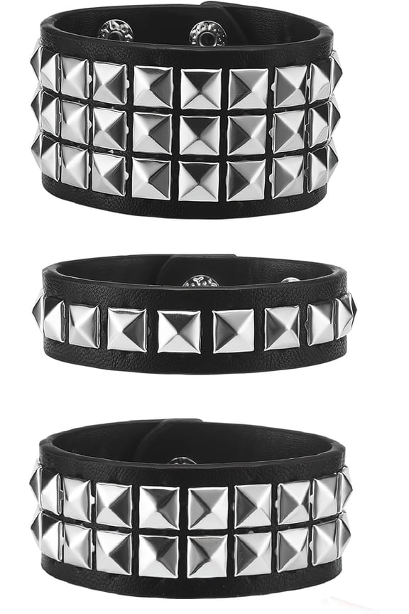 3 Pcs Unisex Metal Studded Wristband - Rock Gothic Biker Cuff Bracelet For Men & Women