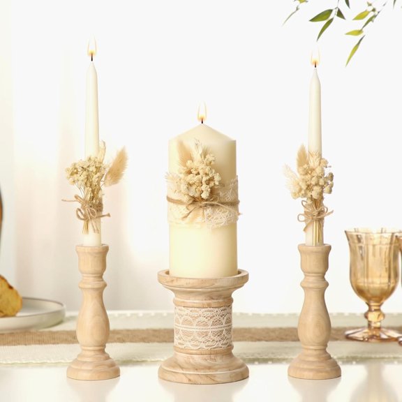 3 Pcs Unity Candles Wedding Ceremony Set,Rustic Style | 6.3 Inch Pillar and 9.8 Inch Taper, Rustic Dried Flowers Lace Decor, Unity Ceremony Gift for Reception Events