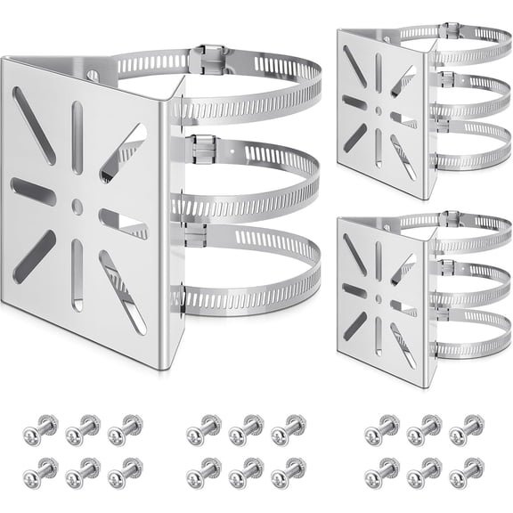 3 Pcs Universal Vertical Pole Mount for Security Camera Wall Mounting Bracket with 6 Loops Stainless Steel Metal Pole Bracket for CCTV Camera Indoor Outdoor Solar Panel LED Wall/Stage Light