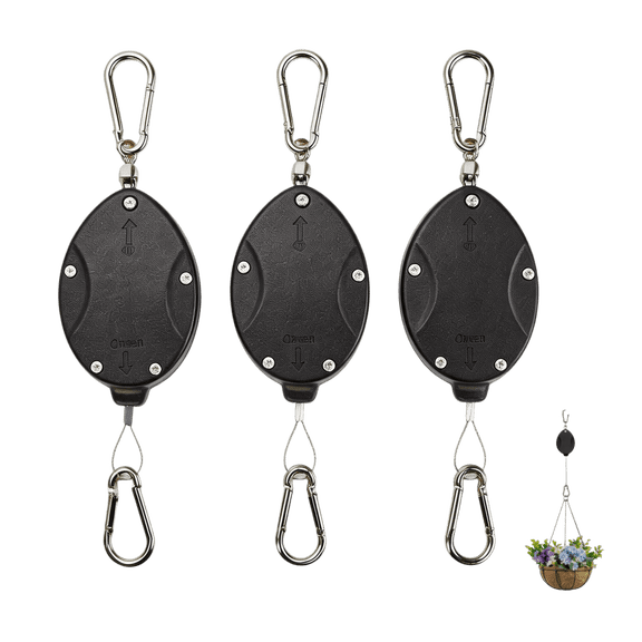 3-Pack Heavy Duty Retractable Plant Hanger Pulleys, Adjustable Auto-Lock Hanging Hook for Garden Baskets & Bird Feeders, Black