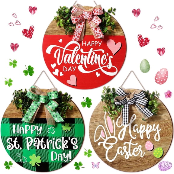 3 Pcs Valentine's Day Wooden Door Sign Welcome Sign Set Easter Wreaths Decor St. Patrick's Day Shamrock Door Hanger Outdoor House Decorations for Front Porch Outdoor