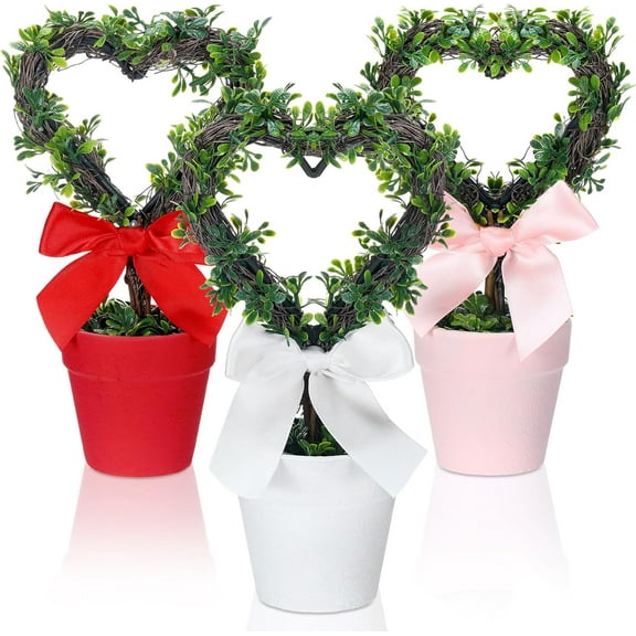 3 Pcs Valentines Day Artificial Heart Topiary Plant with Pot Small Fake Trees Valentines Day Decorations Rustic Heart Shaped Plant Pot Tabletop Centerpiece Tiered Tray Decor Gifts